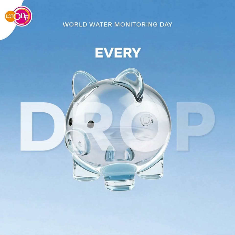 Lot One World Water Monitoring Day graphic with glass piggy bank and water droplet