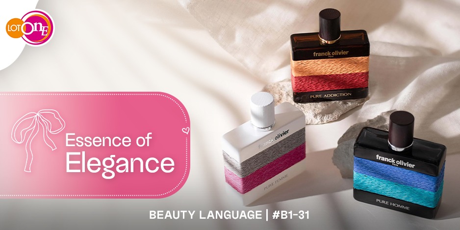 A person gracefully applying a fragrance, surrounded by beauty products