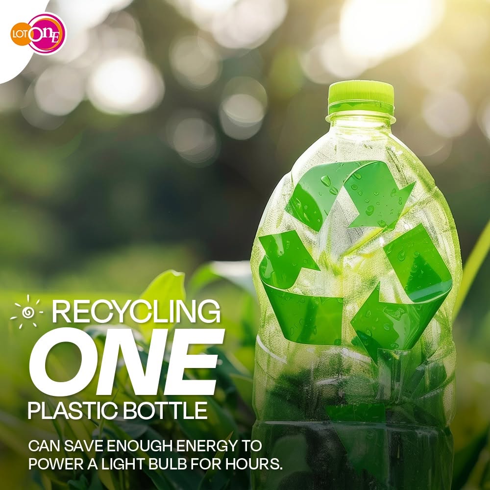 Lot One World Environment Day recycling campaign showing plastic bottle with green recycling symbols and message about saving energy
