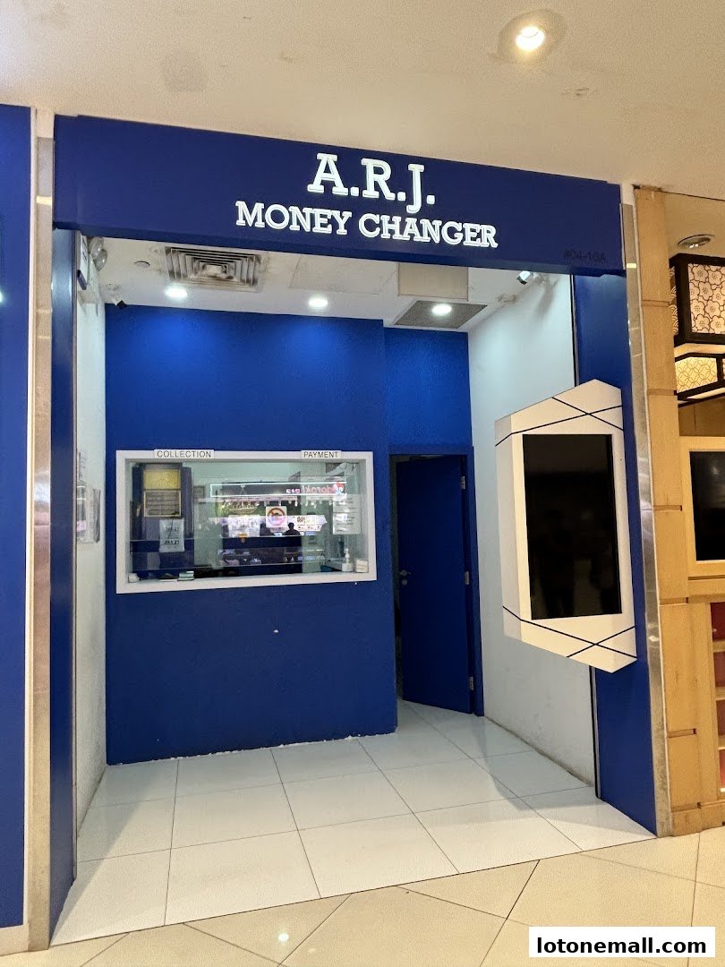 The exterior of A.R.J. Money Changer shop with a blue facade and a service counter.