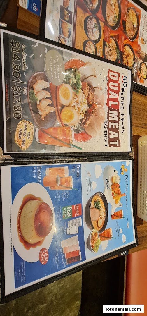 A menu from Ajisen Ramen featuring ramen sets, desserts, and drinks.