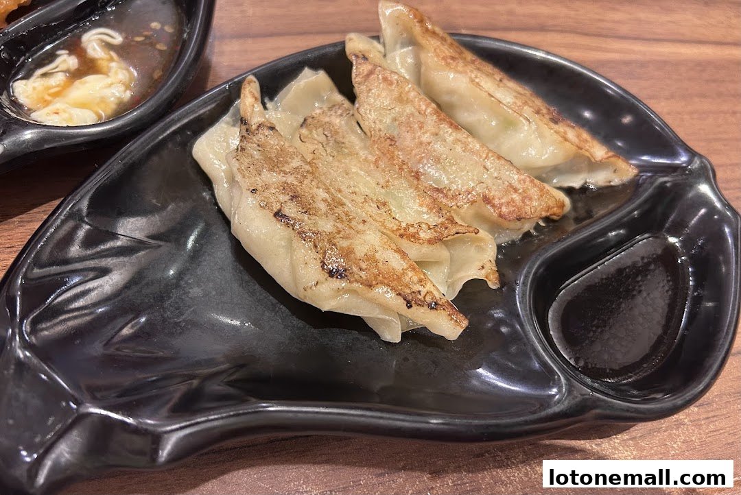 A close-up shot of pan-fried gyoza dumplings served with dipping sauce.
