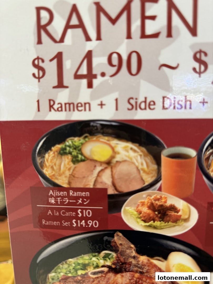A menu featuring ramen dishes and sets with prices and images.