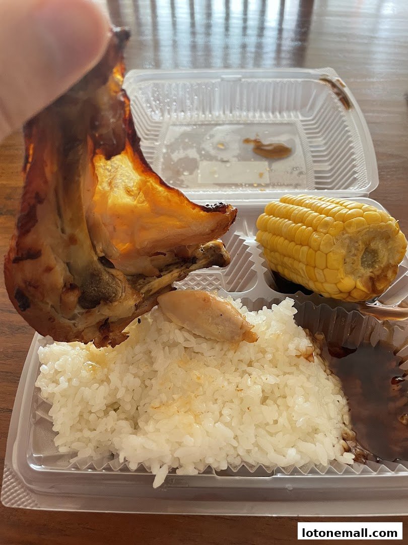 A hand holds a piece of roasted chicken over a takeout container with rice, corn, and sauce.