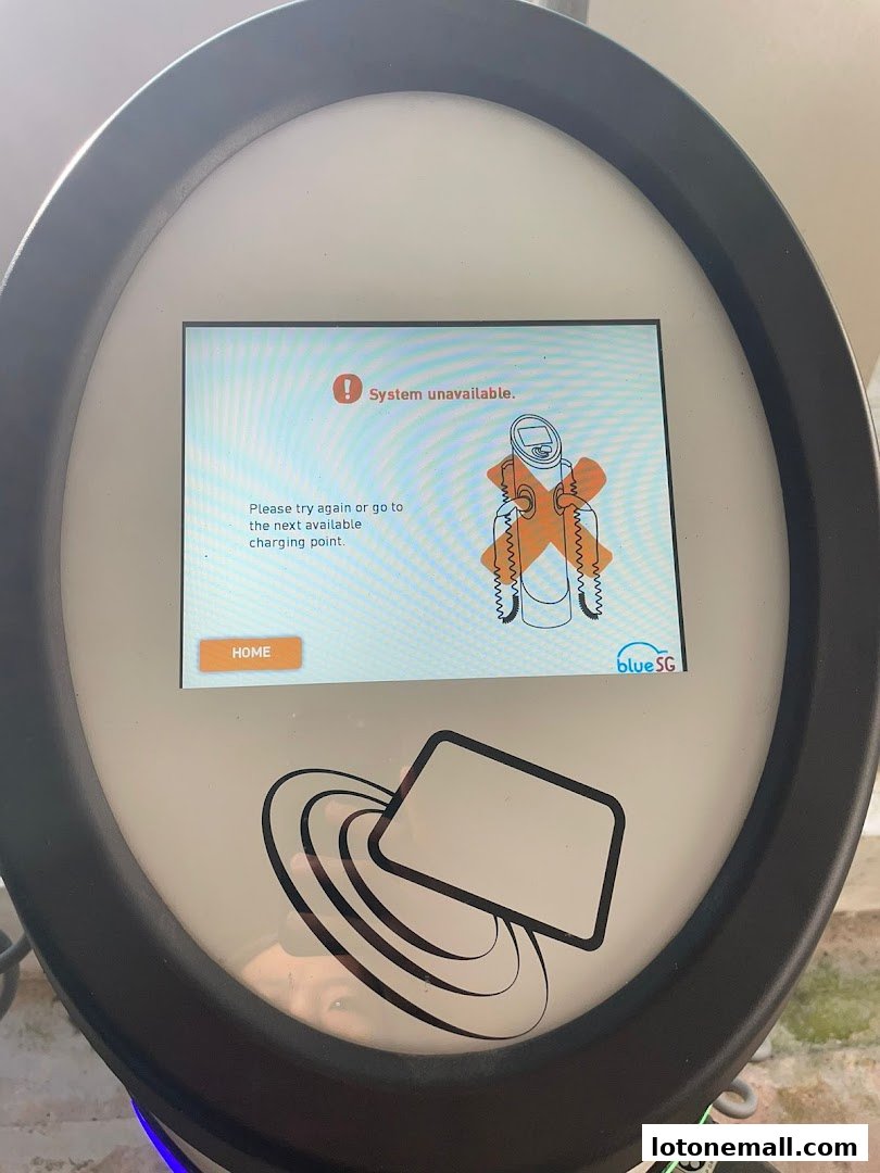 A BlueSG electric vehicle charging station displays a 'System unavailable' message.