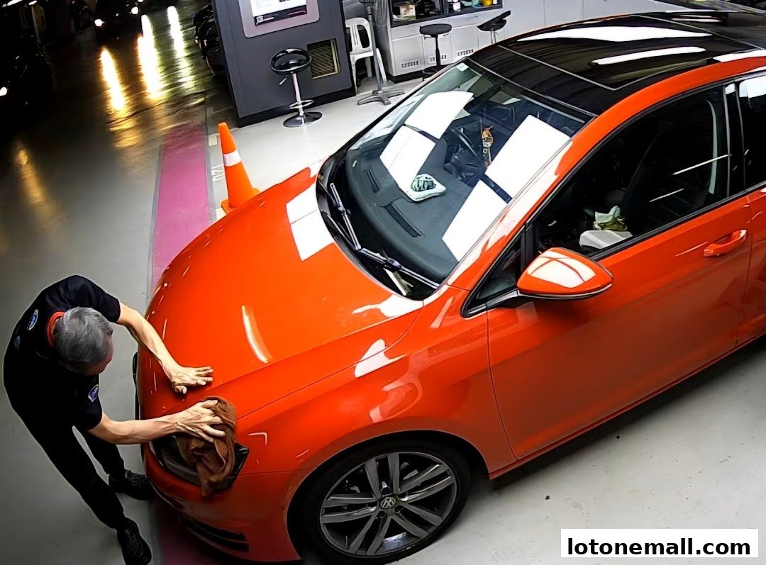 A person is detailing an orange car with a cloth in a well-lit garage.