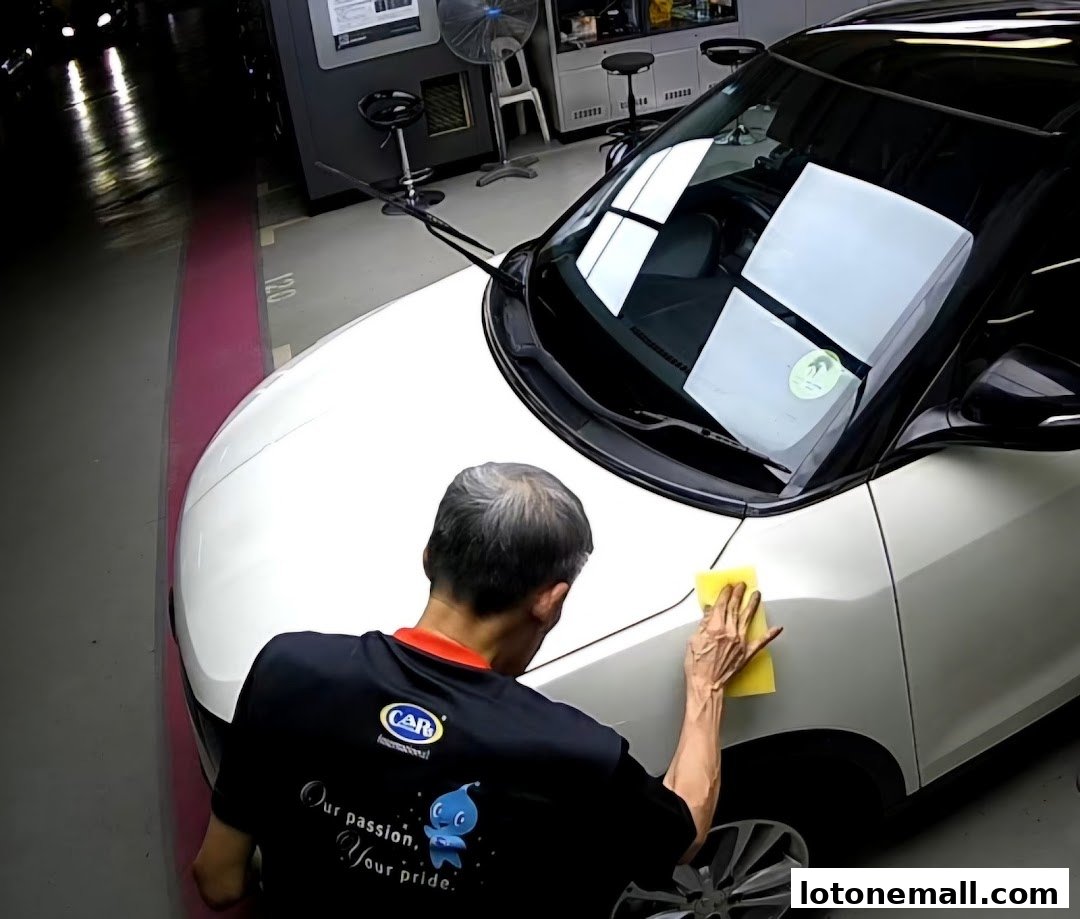A person in a CARs International shirt polishes a white car with a yellow sponge.