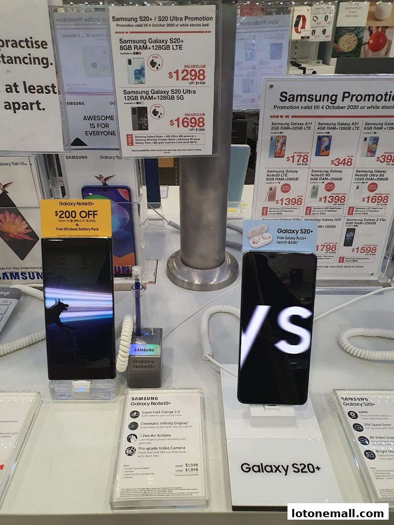 Display of Samsung Galaxy phones and accessories with promotional pricing.