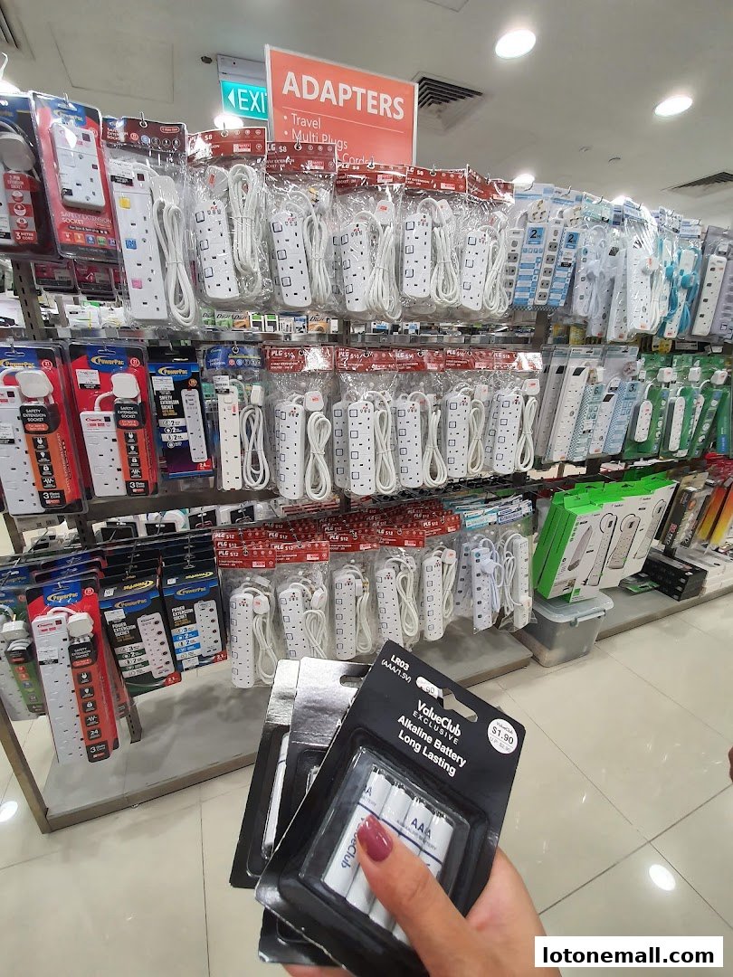 A person holds a pack of AAA batteries in front of shelves stocked with power adapters and extension cords.
