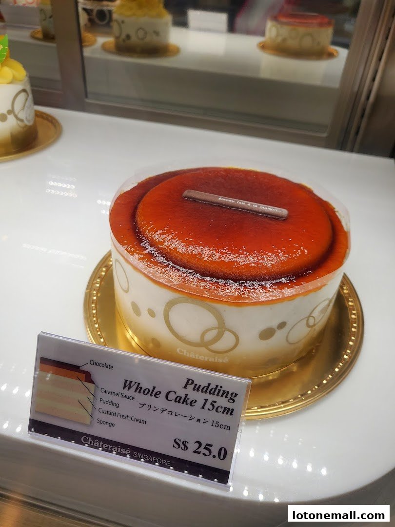 A close-up of a delicious-looking pudding whole cake with a caramel glaze and a chocolate stick.