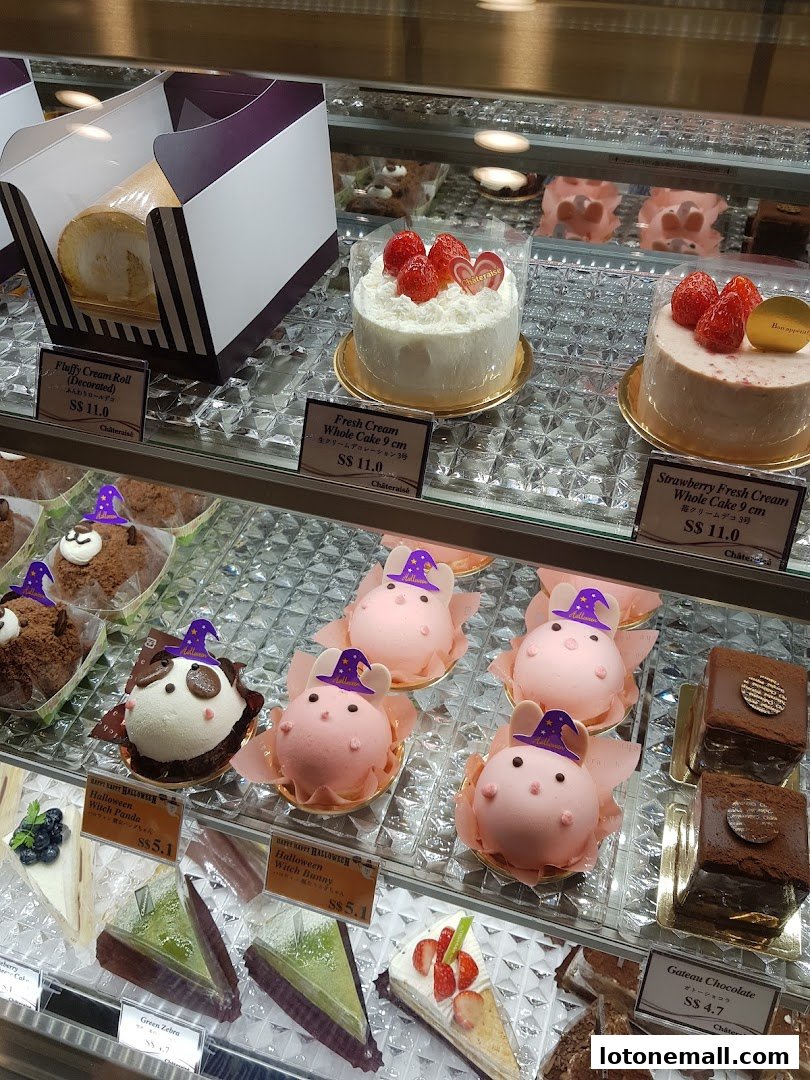 A display case filled with various cakes, including whole cakes, rolls, and individual pastries.