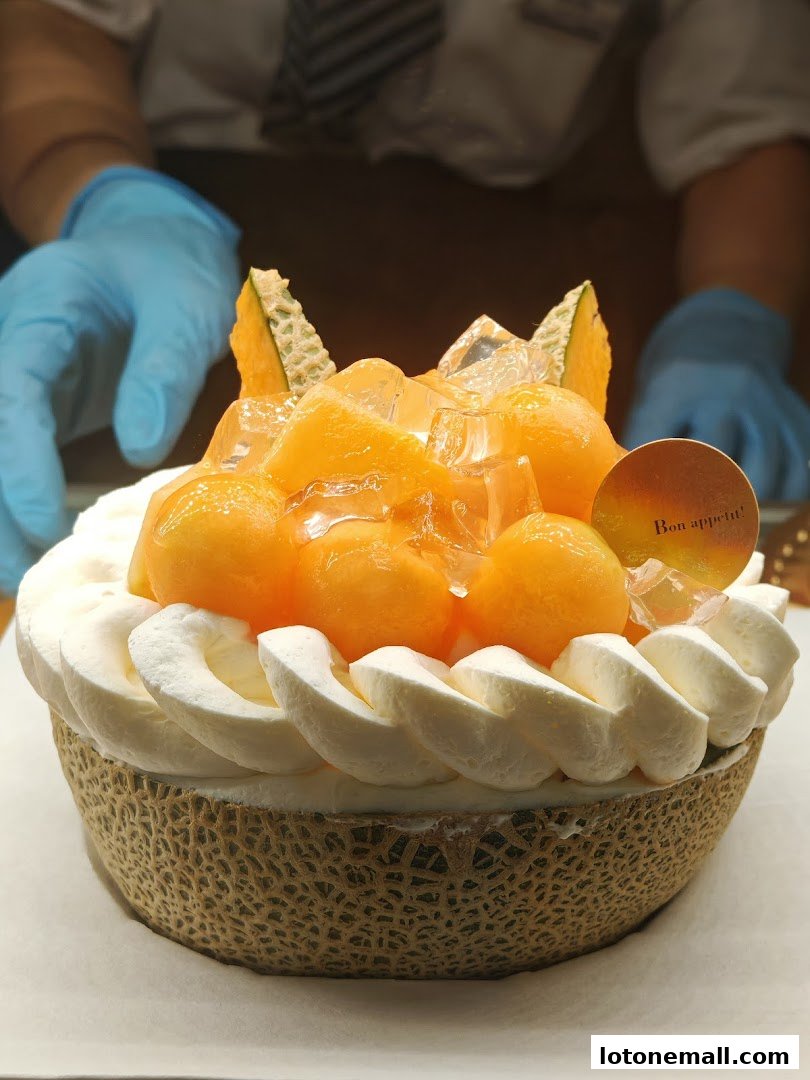 A beautifully decorated melon cake with fresh cream, melon balls, and ice cubes.