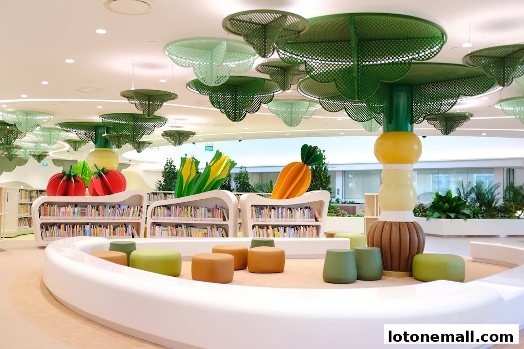 A brightly lit library interior with colorful book displays and playful vegetable-themed decor.