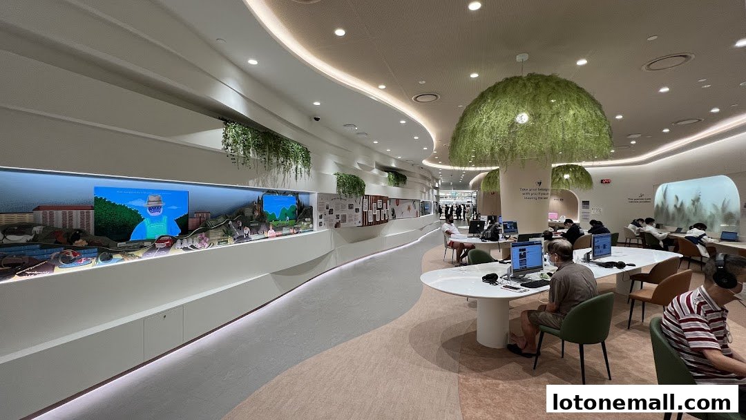 Interior of a modern library with people using computers and decorative greenery.
