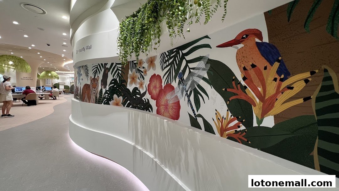 Interior of a modern library with a vibrant jungle-themed mural and people using computers.
