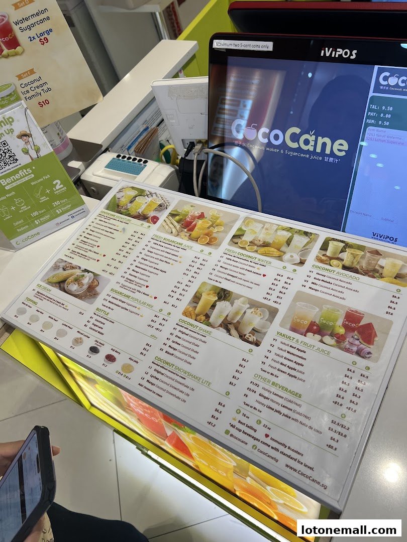 A menu for CocoCane offering coconut water and sugarcane juice drinks.