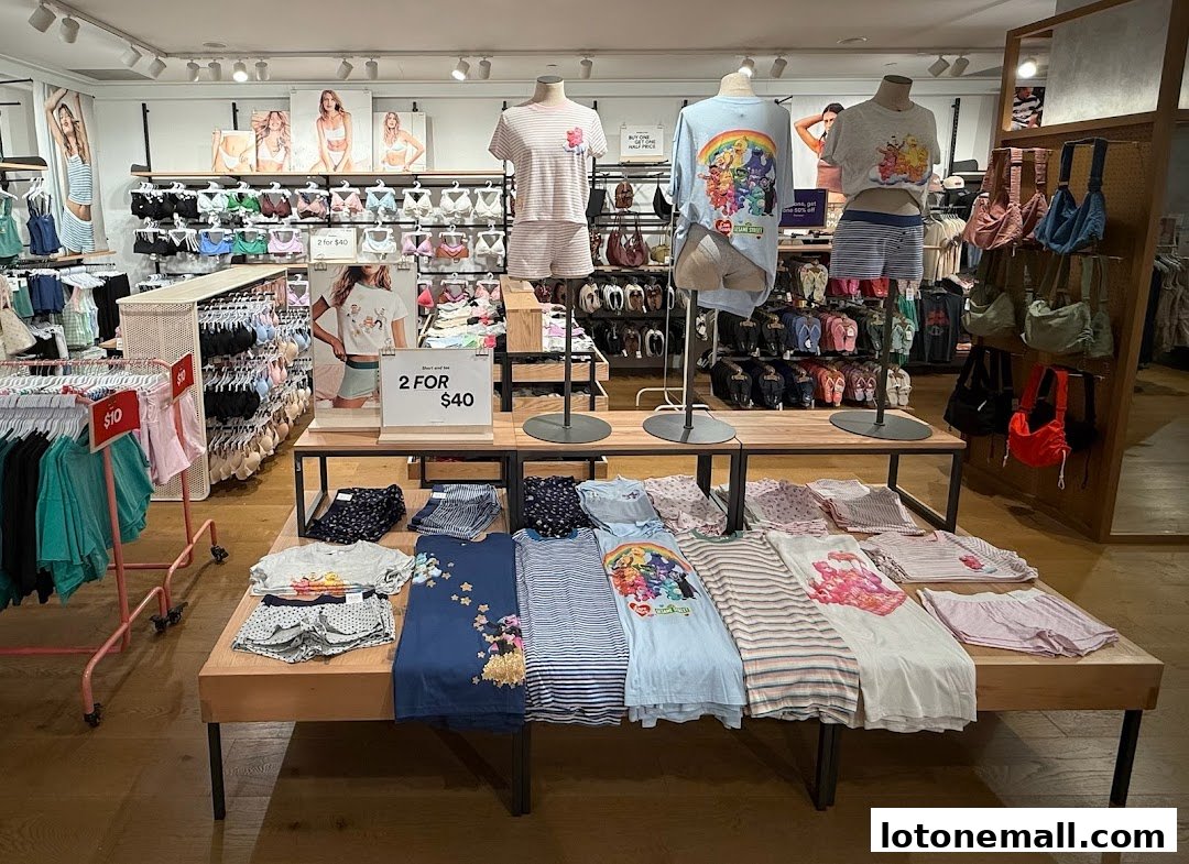 Interior view of a Cotton On store showcasing apparel and accessories, with mannequins and displays.