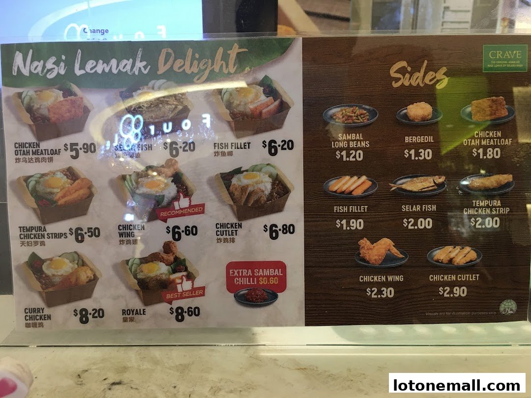 A menu board displaying various Nasi Lemak dishes and sides with prices.