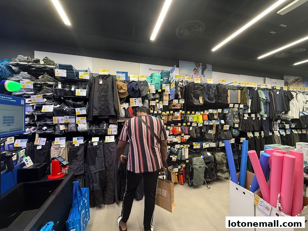 A person shops for outdoor gear, including clothing and accessories, in a well-stocked store.