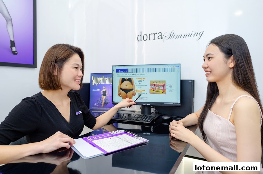 A slimming consultant explains a treatment plan to a client using a computer screen.