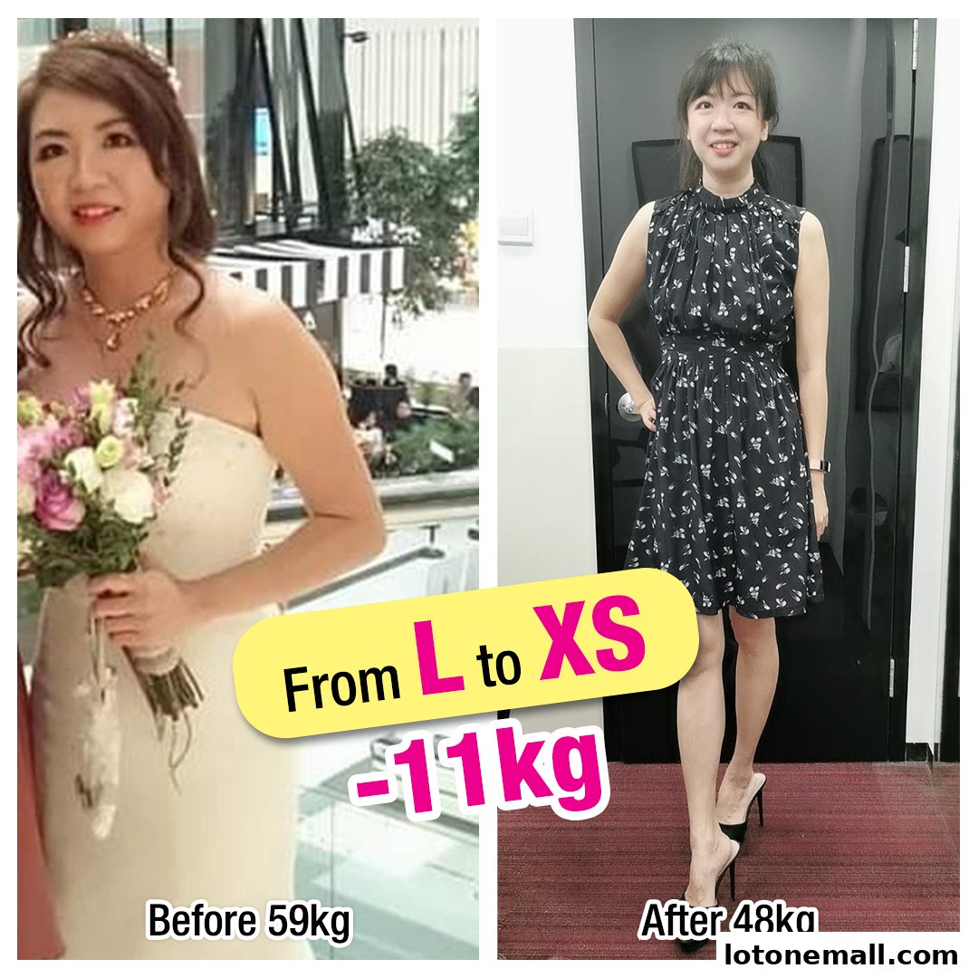 Before and after weight loss transformation showing a woman from size L to XS, losing 11kg.