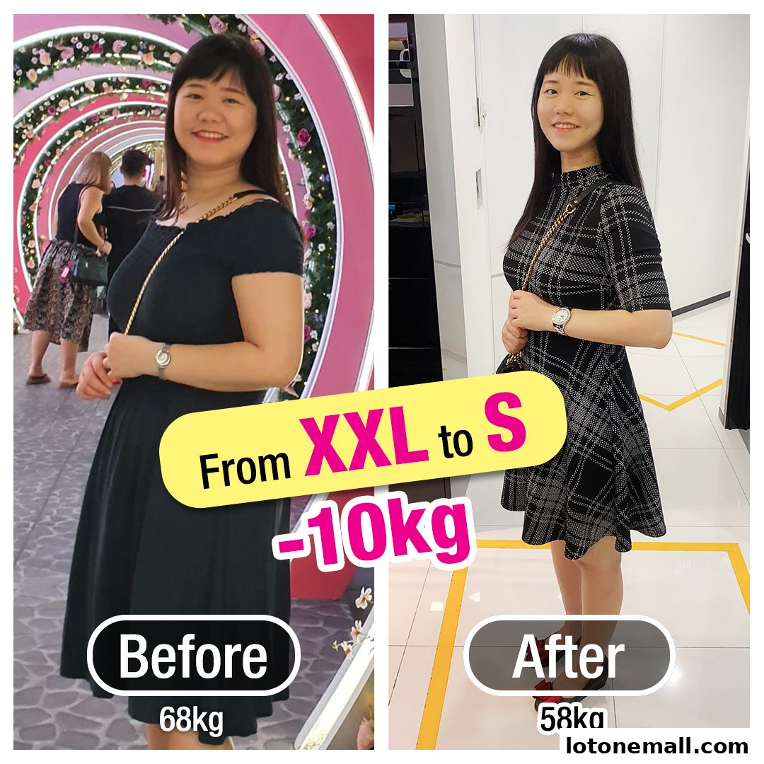 A split image showing a woman's before and after weight loss transformation.