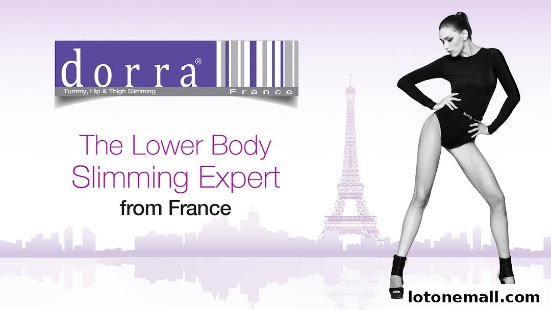 A woman in a slimming outfit poses with the Eiffel Tower and city skyline in the background.