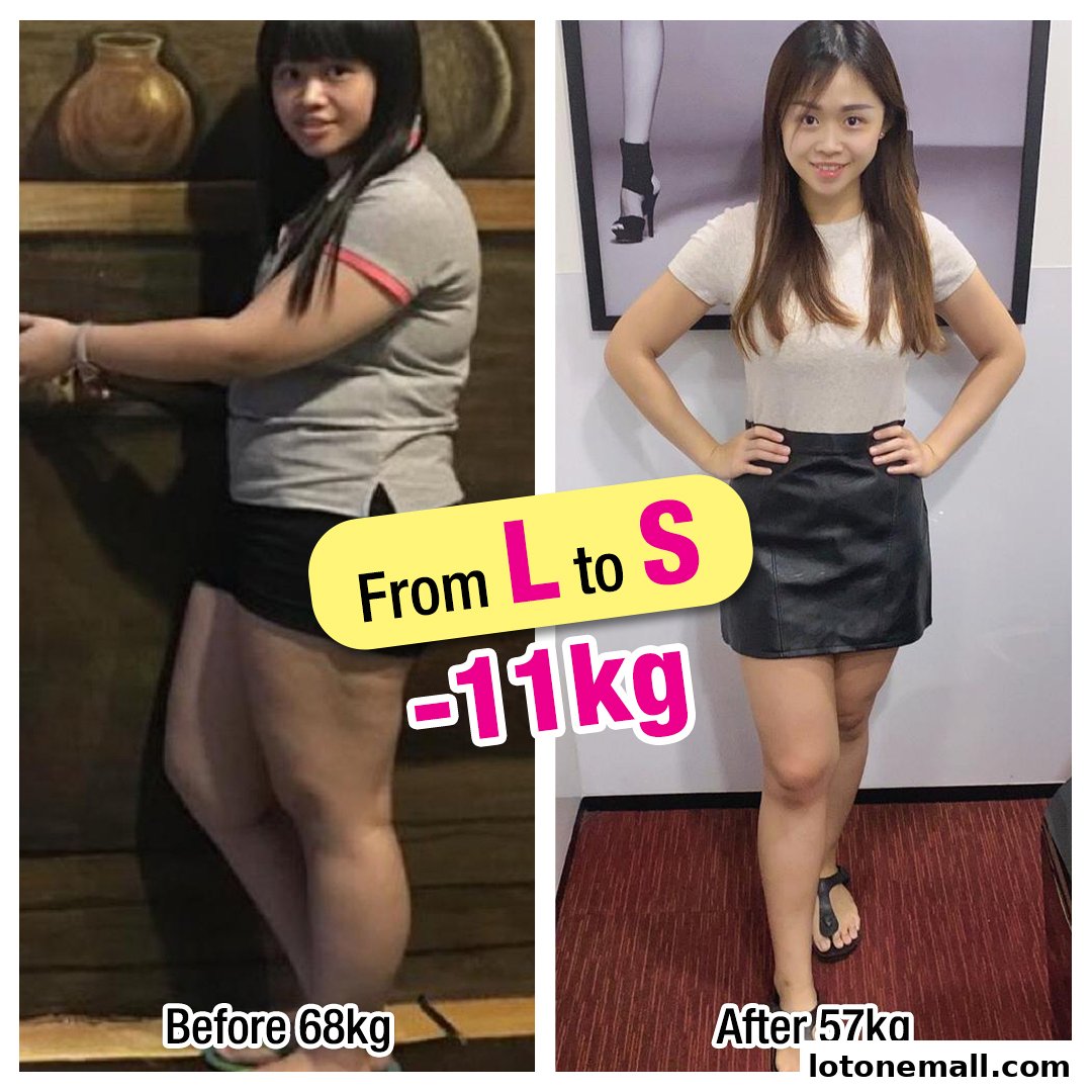 Before and after weight loss transformation showing a woman losing 11kg and going from size L to S.
