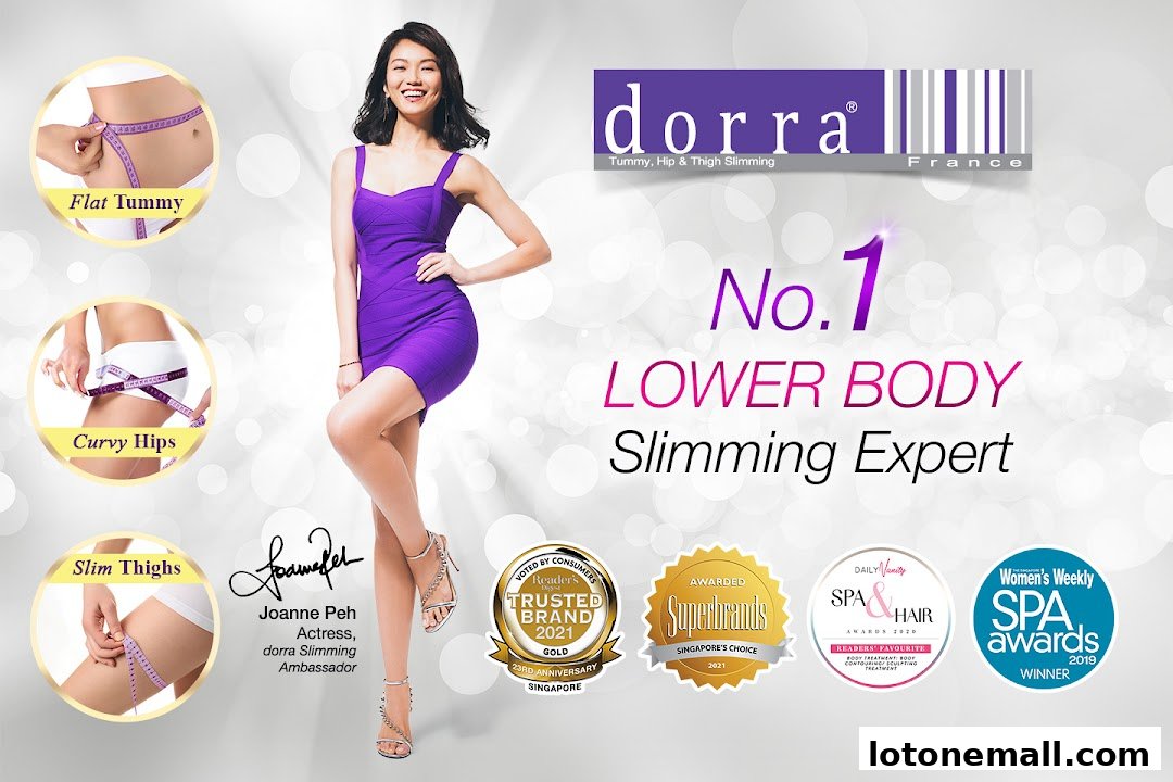A woman in a purple dress promoting Dorra Slimming, highlighting lower body slimming treatments.