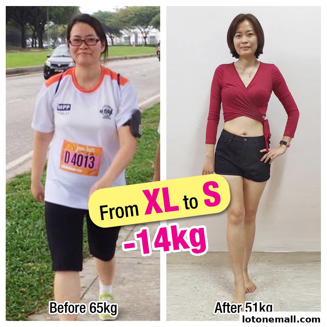 A before and after weight loss transformation showing a woman losing 14kg.