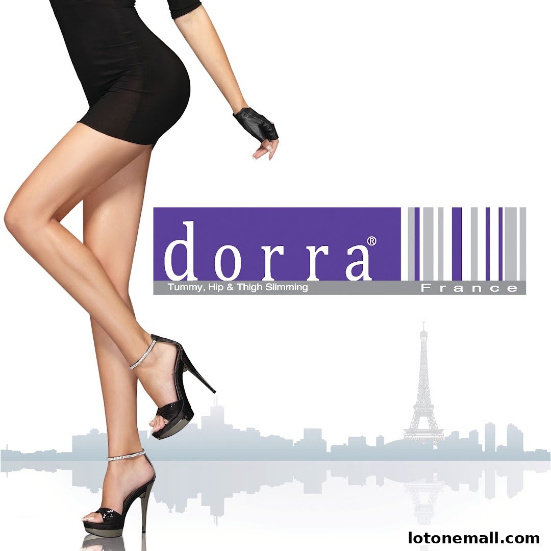 A woman's legs in high heels and a short dress, with the Dorra Slimming logo and Paris skyline.