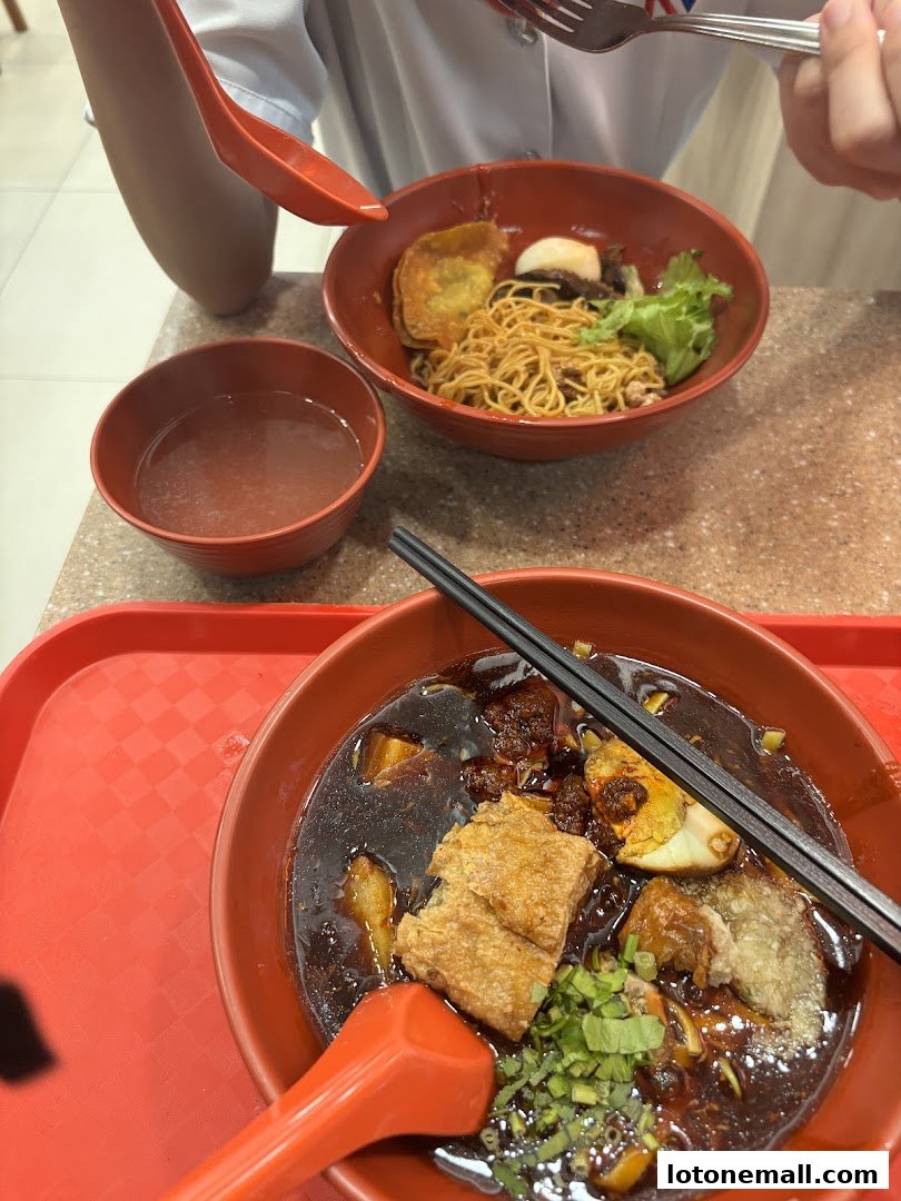 Two bowls of noodles, one with dark sauce and ingredients, the other with lighter sauce and toppings.