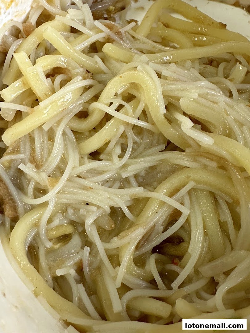 A close-up shot of a delicious noodle dish with thick and thin noodles in a savory sauce.