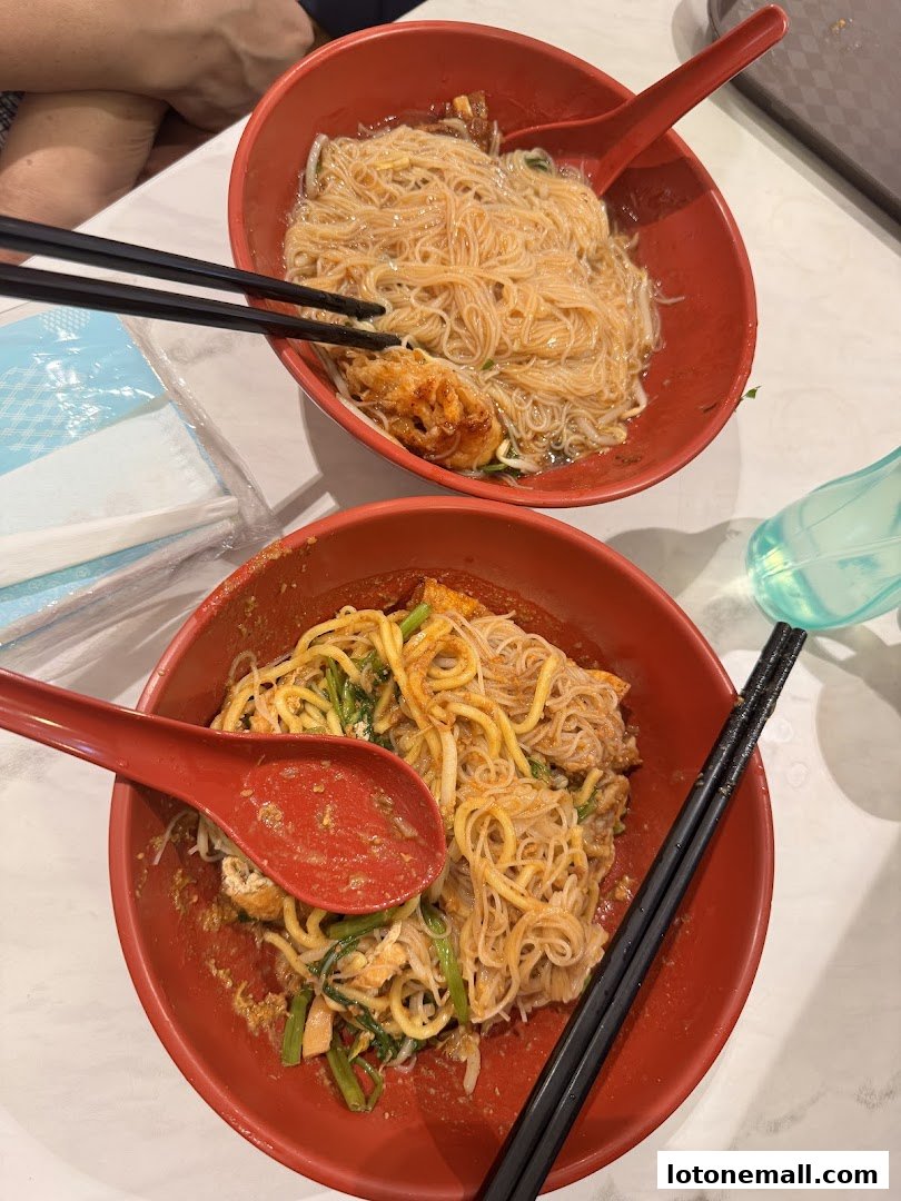 Two bowls of delicious noodles, one with thin vermicelli and the other with thicker noodles, are ready to be enjoyed.