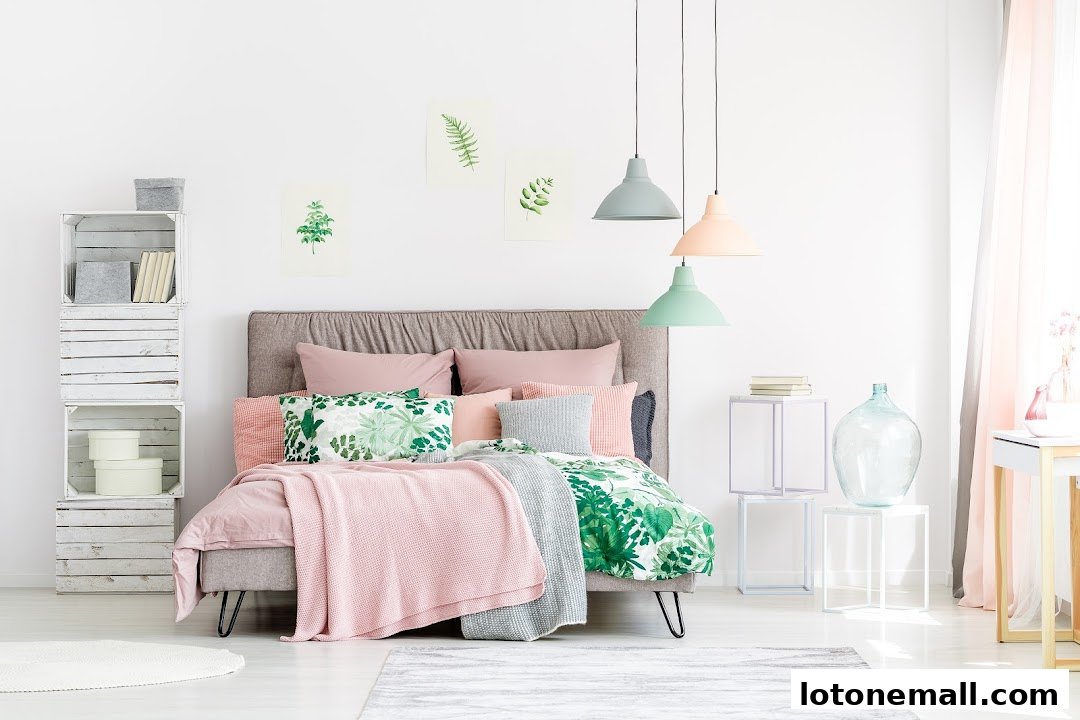 A stylish bedroom with a bed, pillows, blankets, and decorative items.