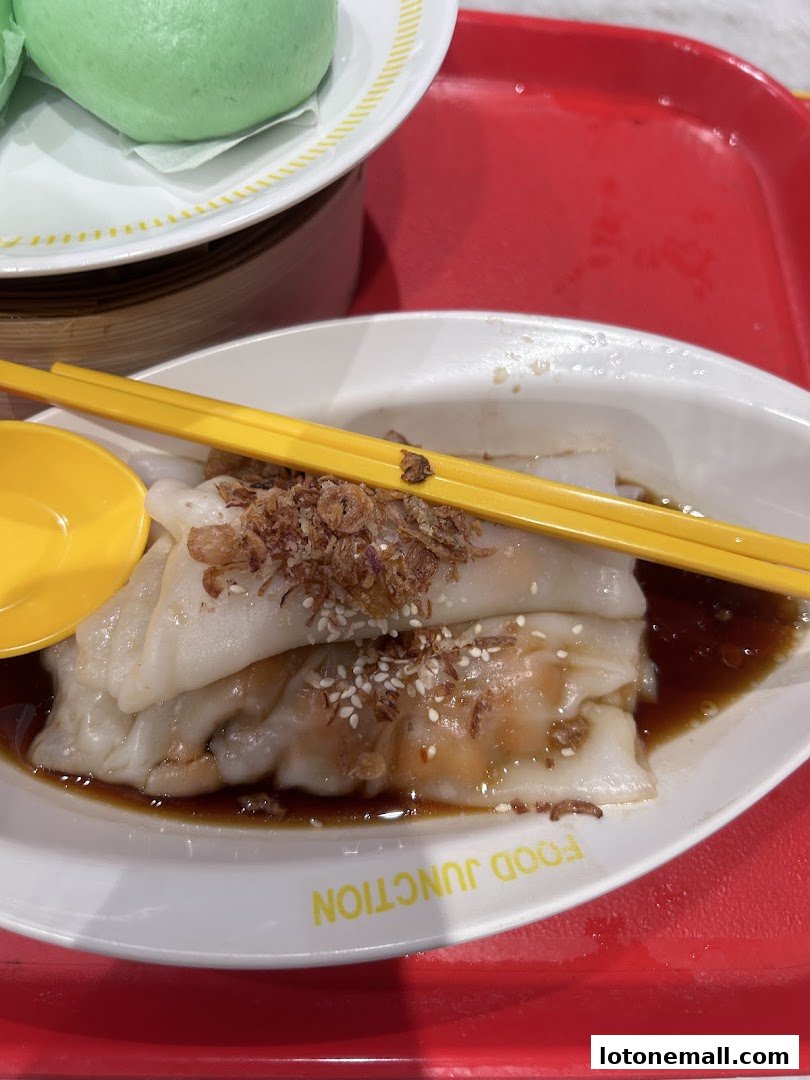 A close-up of delicious dim sum, featuring rice noodle rolls with savory sauce and toppings.