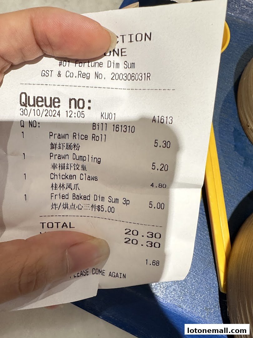 A receipt from Fortune Dim Sum showing a list of dim sum items and their prices.