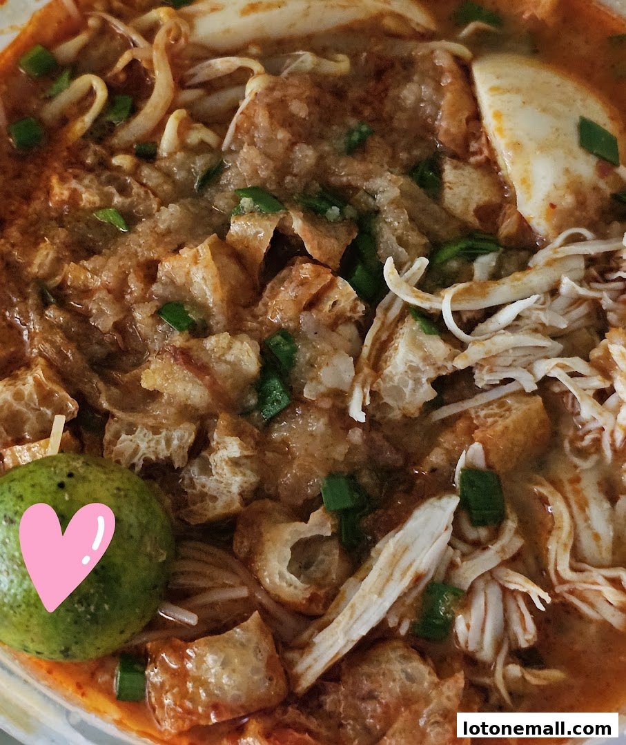 A close-up shot of a delicious bowl of Laksa with shredded chicken and fried dough.