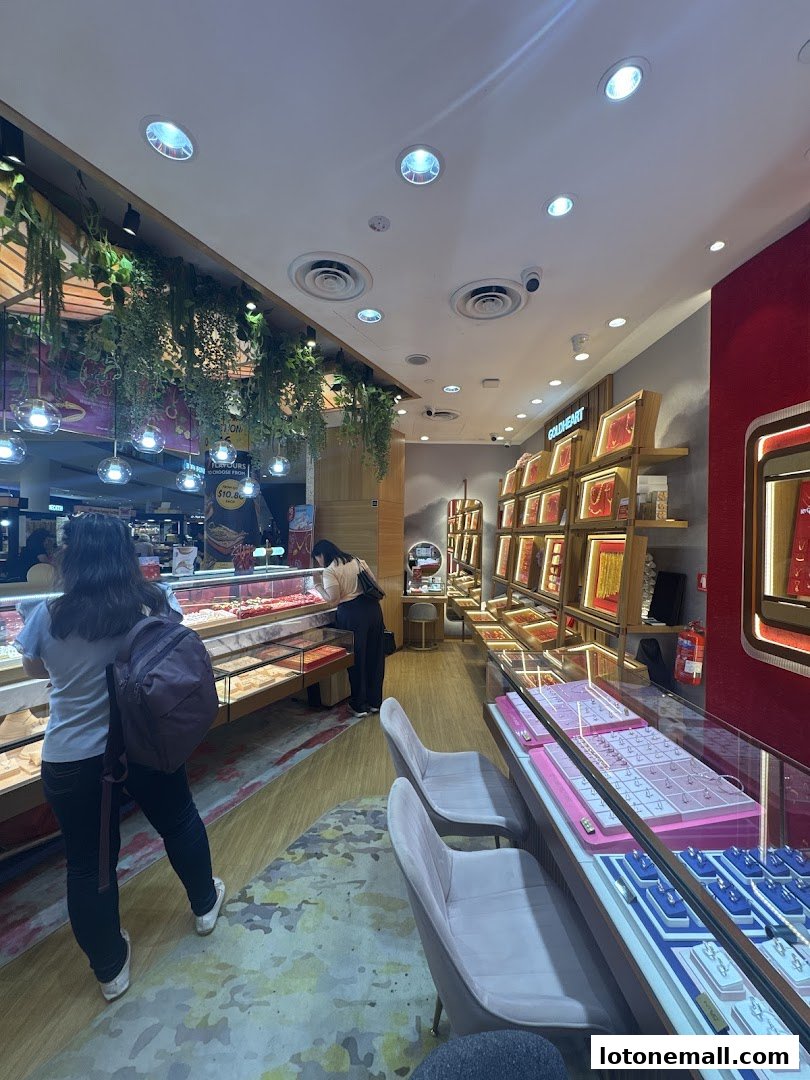 Interior of a Goldheart Jewelry store with displays of jewelry and customers browsing.