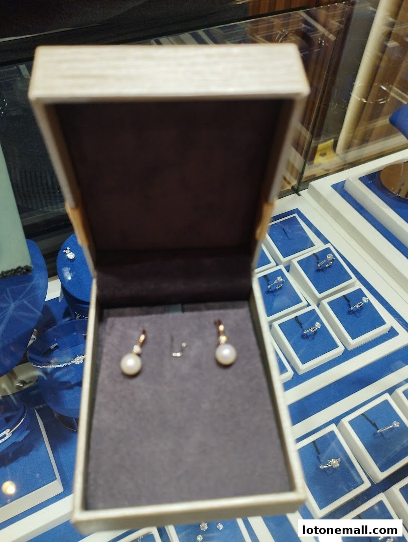 A jewelry box displays pearl earrings, with rings visible in display cases.
