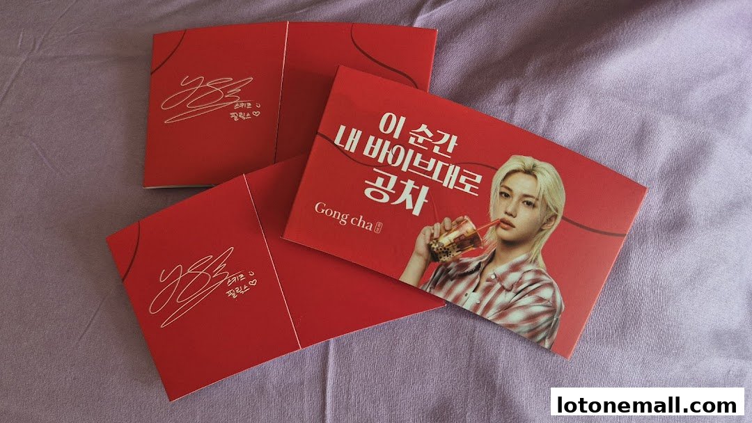 Three red promotional cards for Gong Cha featuring a celebrity and bubble tea.