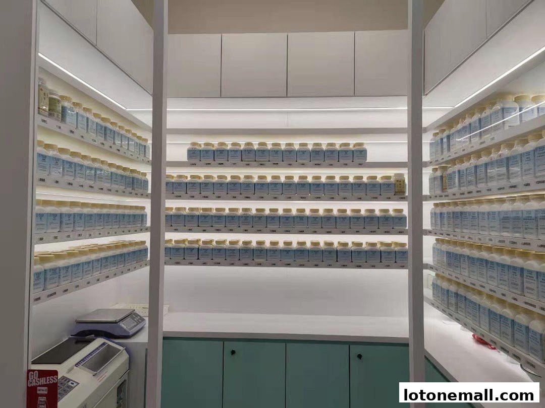Shelves stocked with numerous bottles of traditional Chinese medicine in a clean, modern clinic.