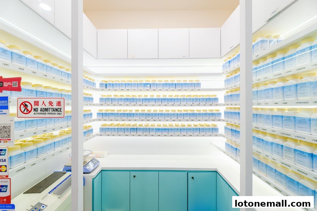 Interior of a Traditional Chinese Medicine clinic with shelves stocked with numerous bottles.