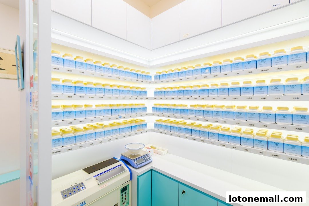Interior of a Traditional Chinese Medicine clinic with shelves stocked with numerous bottles.