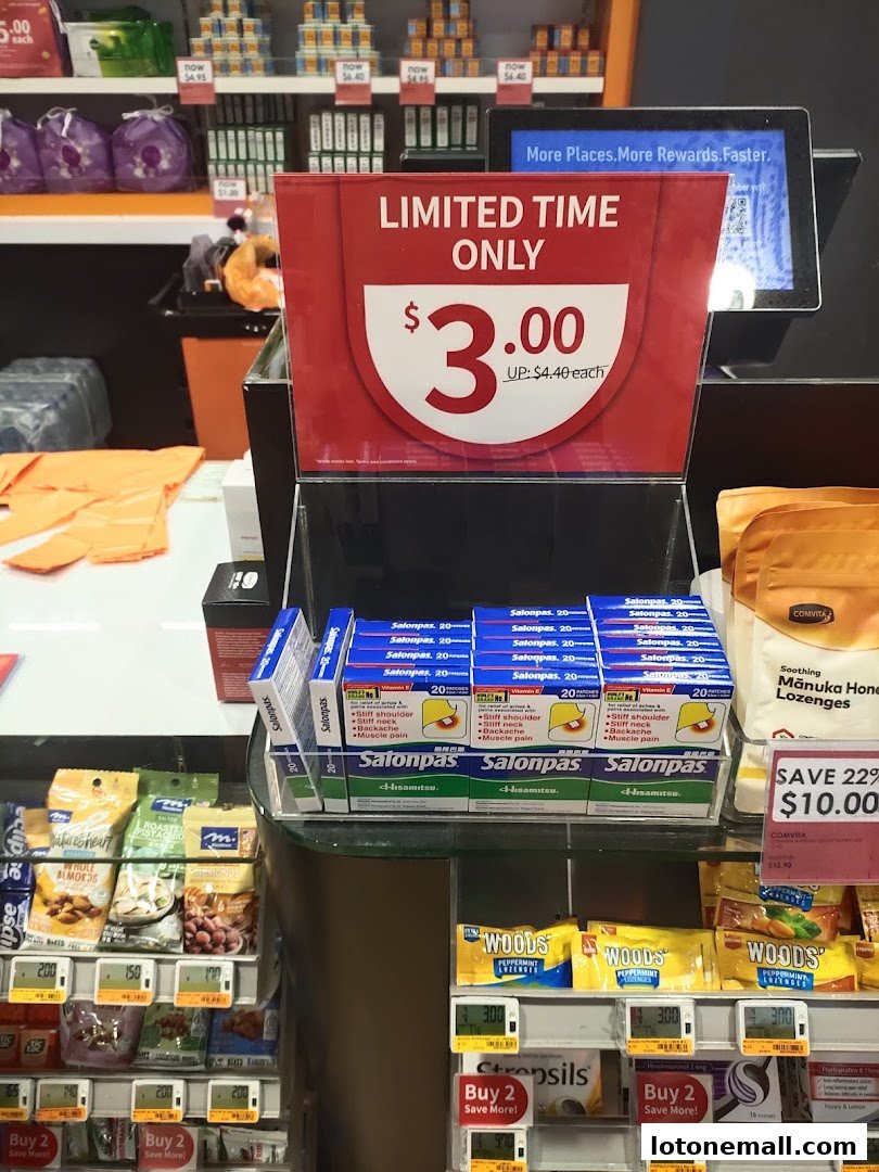 A display of health and beauty products, featuring a 'Limited Time Only' offer for Salonpas.