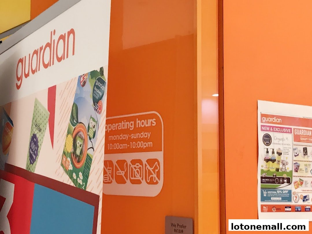 Guardian Health & Beauty Pharmacy storefront with operating hours and promotional posters.