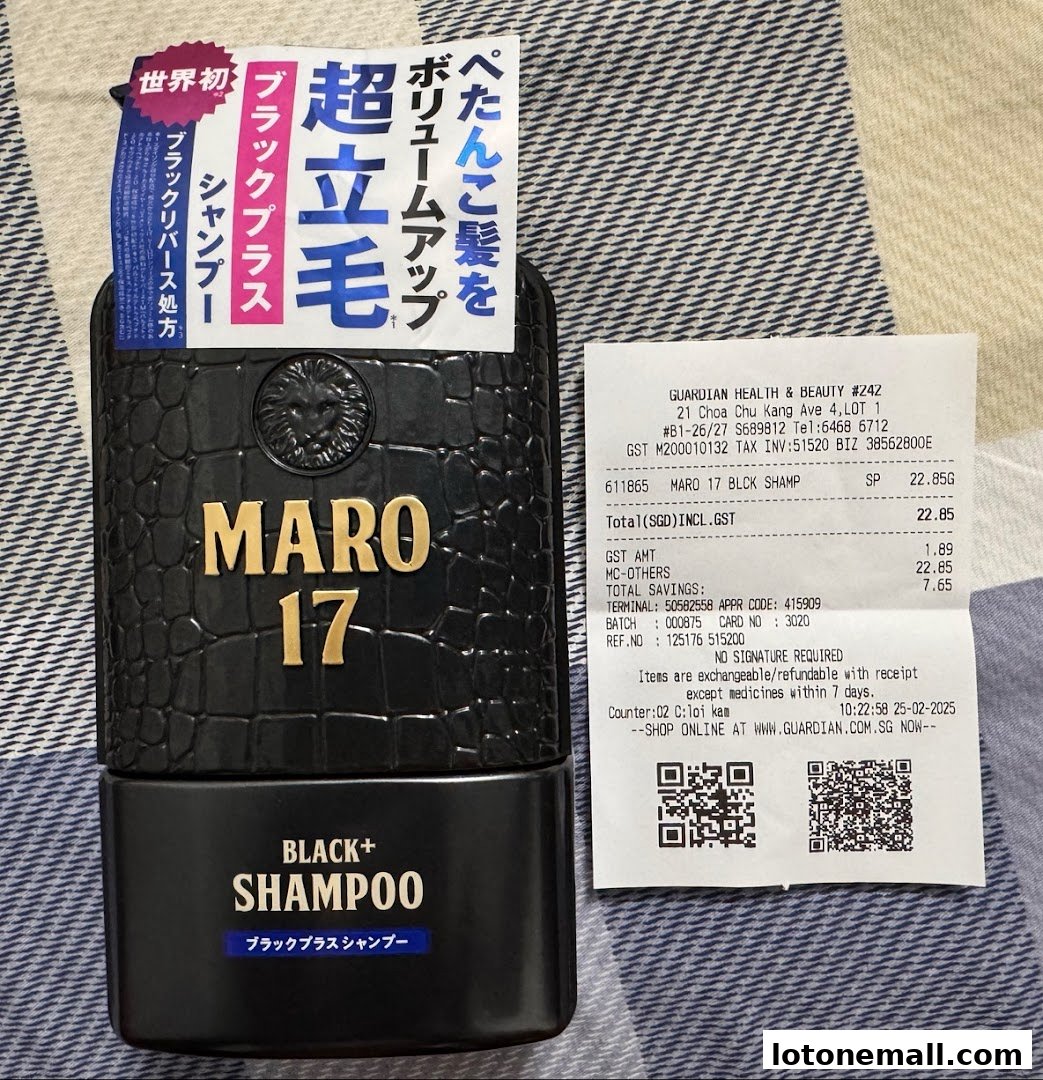 A bottle of MARO 17 Black+ Shampoo and a Guardian Health & Beauty receipt.