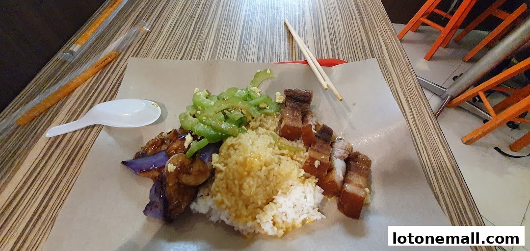 A plate of Hainanese curry rice with roasted pork, bitter gourd, and eggplant, served with chopsticks and a spoon.