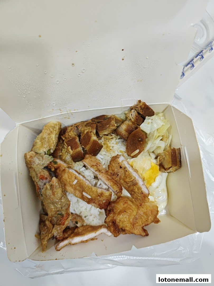 A takeout box filled with Hainanese curry rice, featuring various meats and a fried egg.