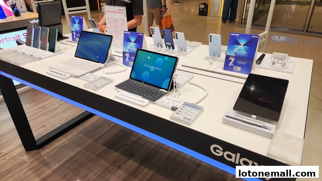 A display of Samsung Galaxy tablets and phones, showcasing the latest technology.